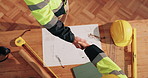 Architect, people or blueprint with handshake for construction deal, agreement or onboarding. Top view, civil engineer or contractor shaking hands with layout plan for building project or partnership