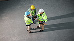 Above, architect and handshake on site with engineer, discussion or meeting for property development. People, shaking hands and talk in building for architecture, engineering or project collaboration