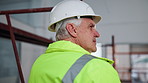 Hardhat, thinking and construction worker on site by scaffolding for property remodeling. Man, project management and mature civil engineer with helmet for maintenance, repairs or renovation.