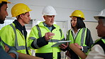 Construction, leader or team on site with tablet, progress track or task brief for development. People, manager or engineer group with tech, operation plan or project coordination in building report.