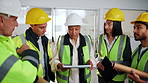 Construction, review or team on site with tablet, progress track or task brief for development. Flare, people or engineer with discussion, operation plan or project coordination in building report.