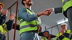 Architect, handshake and meeting on site with applause, contract and approval of building analysis. Below, happy people and shaking hands with charts, stats and clapping for architecture agreement.