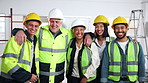 Face, engineer and laugh with team for construction, career pride and about us for architecture. Portrait, people and happiness at site with hug, collaboration and inclusion for building development