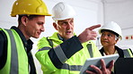 Construction, discussion or team on site with tablet, progress track or task brief for development. PPE, people or engineer with technology, operation plan or project coordination in building report.