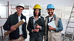 Face, engineer and happy with team for construction, career pride and about us for architecture. Portrait, people and smile at site with leader, collaboration and inclusion for building development