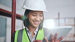Tablet, woman and construction worker on site with update on maintenance, repairs or remodeling. Technology, happy and civil contractor with feedback on property development or renovation by flare.