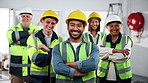 Face, man and engineer with team for construction, career pride and management for architecture. Portrait, people and smile at site with leadership, collaboration and project for building development