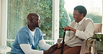 Smile, caregiver and woman at house with walking stick, support and medical advice for recovery. Happy, nurse and mature person with disability, assisted living and physiotherapy for rehabilitation