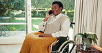 Black woman, smile and phone call in home with wheelchair, relax and online communication on weekend. Happy, mature person with a disability and connection with tech, contact or virtual conversation