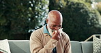 Sick, black man and sneezing on retirement with tissue, allergies and hayfever for flu season. Old person, relax and blowing nose at house with sinus, viral infection and nasal congestion in backyard