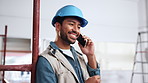 Man, architect and talk with phone call for construction, coordination and feedback on architecture. Smile, male person and mobile at site for discussion, contact contractor and building development