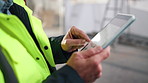 Tablet, man and hands of construction worker on site with project for remodeling, repairs or building. Technology, scrolling and civil engineer with update on property development or maintenance.