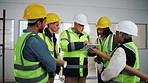 Technician, collaboration and team with tablet for inspection, renovation project and engineering. Maintenance, people and chat with property management, discussion and digital tech for building plan