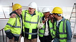 Technician, engineering and team with laugh for inspection, renovation project and humor. Maintenance, people and excited with property management, collaboration and funny joke for building plan