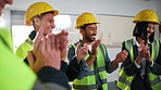 Technician, excited and team with applause for inspection, renovation project and success. Maintenance, people and clapping hands with property management, collaboration or celebration for meeting