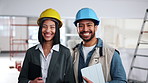Architect, face and construction with team on site for architecture project together. Portrait, people or civil engineer with smile, helmet or tablet for about us, safety or building renovation