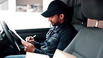 Logistics, signature and delivery man with clipboard in vehicle, smile or inventory for distribution. Supply chain, courier and happy person with checklist, writing and shipping approval in transport