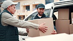 Delivery, team and loading van with boxes, shipping distribution or collaboration for supply chain. Courier service, men outdoor and ecommerce package in vehicle with help, logistics and partnership.