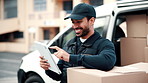 Logistics, smile and delivery man with tablet, outdoor or stock inventory for ecommerce order on web. Supply chain, courier and happy person with boxes, inspection and shipping update with technology