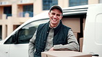 Face, smile and delivery man by van with boxes, shipping distribution and pride for supply chain job. Happy, person outdoor and courier service with vehicle, ecommerce package or transport logistics.