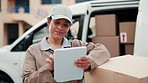 Logistics, delivery and woman with tablet, outdoor or stock inventory for ecommerce order on website. Supply chain, courier and happy person with boxes, inspection and shipping update with technology