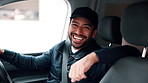 Face, driver and delivery man in van with smile, shipping distribution and pride for ecommerce job. Happy, make person and courier service in car for transport, supply chain and logistics for export.