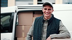Face, driver and delivery man by van with boxes, shipping distribution or pride for supply chain job. Happy, person outdoor and courier service with car, ecommerce package or transport for logistics.