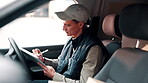 Shipping, signature and delivery man with clipboard in vehicle, notes or inventory for distribution. Supply chain, courier and person with checklist, writing and logistics approval in transport