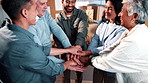 Logistics, applause and business people with stack of hands for unity, achievement or team goals. Clapping, supply chain and distribution employees with celebration for solidarity or collaboration.