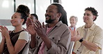 Audience, man and applause in office with seminar, copywriter goals or success for skill development. Happy, person and team clapping in workshop with announcement, milestone or award for creativity.