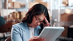 Woman, logistics and headache with tablet in small business for delivery mistake or courier delay. Frustrated, female person or stress with migraine on technology for bad freight schedule or app