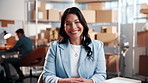 Face, logistics and happy woman in small business with boxes for online delivery or courier service. Portrait, female person or smile with packages for supply chain, shipping or distribution startup