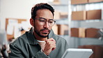 Tablet, thinking and logistics worker in office for delivery information, research or ecommerce order. Man, digital technology and supply chain manager with ideas for distribution, cargo or export.
