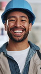 Laugh, face and man with helmet for renovation, construction project and remodeling in building. Happy, portrait and person with ppe, safety and compliance for engineering, property and architecture