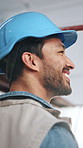 Happy, inspection and man with helmet for construction project, renovation or remodeling in building. Smile, safety and person with ppe for engineering, property evaluation or architecture compliance