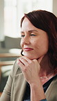 Reading, smile and planning with business woman in office for pride, thinking and copywriting. Publishing, vision and opportunity with mature employee in agency for problem solving and editing