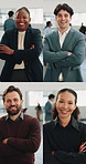 Montage, face and people in office with arms crossed, wealth advisor and about us in finance. Portrait, happy and investment consultant with pride, risk specialist and confidence as portfolio manager