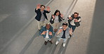 Waving, happy and face of business people in office with good news, partnership or teamwork. Smile, above and portrait of corporate employees with greeting gesture for collaboration at agency.