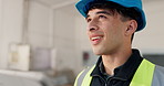 Thinking, man and electrician with tablet for construction, vision and ideas for electrical safety. Smile, person and technician at site with digital, inspection and installation for quality control