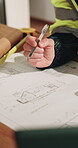 Drawing, floor plan and architect with hands of person in building for layout, expansion and engineer. Remodeling, blueprint and project sketch with contractor for construction site and draft