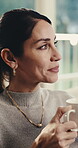 Relax, thinking and woman in house with coffee, calm mindset and daydreaming on weekend break. Reflection, nostalgia or mature person with warm beverage, mindfulness or peaceful perspective in lounge