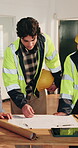 Meeting, blueprint and architect with people in building for team, expansion and engineer. Remodeling, floor plan and project sketch with contractors for construction site, inspection and draft