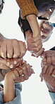 Flare, holding hands and low angle with people outdoor together for solidarity, support or unity. Sky, summer and team building with happy friends in huddle for bonding, connection or wellness