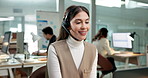 Call center, smile and woman with laptop in business, lead generation or communication with headset. Telemarketing, consultant and happy person with tech, discussion and explaining services with mic