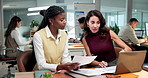Review, paper or women in agency with laptop, expense analysis or guidance on funding pitch. Collaboration, manager or finance analyst with document, budget control or feedback on investment proposal