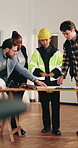 Team, blueprint and architect with people in building for meeting, expansion and engineer. Remodeling, floor plan and project sketch with contractors for construction site, inspection and draft