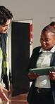 Team, engineer and tablet with people in building for construction site, planning and renovation. Inspection, architect supervisor and contractor with employees for online remodeling cad and check