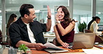 Laptop, team and high five with document, business achievement or training feedback. Computer, happy people or startup success, coworking office or mentorship target with paper to improve performance