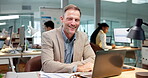 Business, face and man in office with laptop, data analyst and about us as wealth specialist. Happy, coworking or mature accountant with tech, financial advisor or confidence in risk management. 