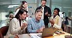 Laptop, team and applause for success, company accomplishment or productivity improvement. Computer, happy people and clap in business for celebration, high five and good news with target achievement